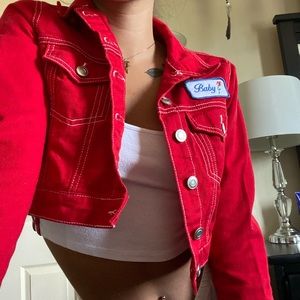 Forever 21 Red Crop Jean Jacket